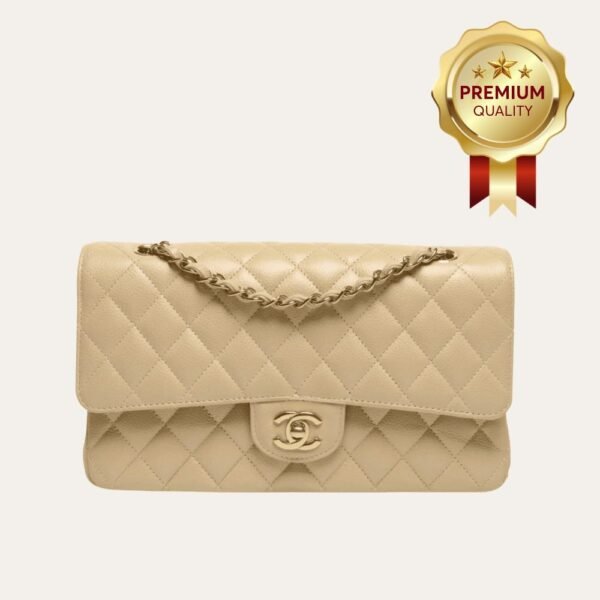 [Premium Quality] – Chanel Classic Grain Gold Hardware Handbag Beige 9.8 Inches A01112
