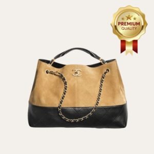 [Premium Quality] Chanel Shopping Bag Shiny And Gold Tone Metal Beige Black 14.2 Inches As5657 B20827 U1536