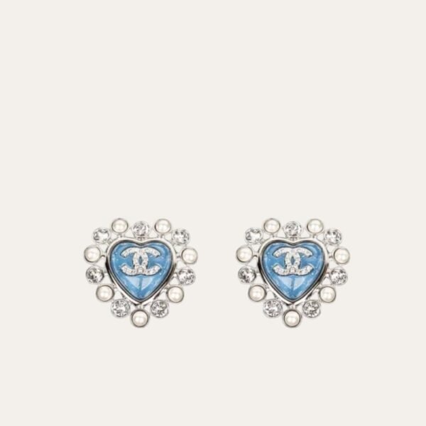 Chanel Heart Motif And Crystal Earrings Blue