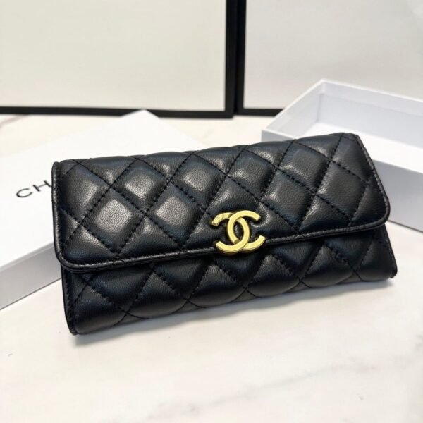 1-19 Chanel Cc Logo Long Flap Wallet Gold Black 7.5 Inches