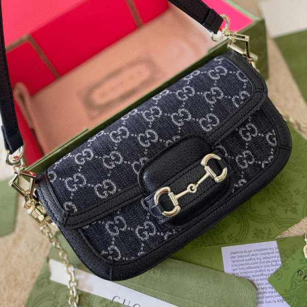 Gucci Horsebit 1955 Mini Bag Blue/Black Gg Denim 9.1 Inches