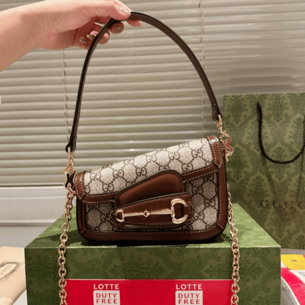 Gucci Horsebit 1955 Asymmetric Shoulder Bag Brown 7.9 Inches