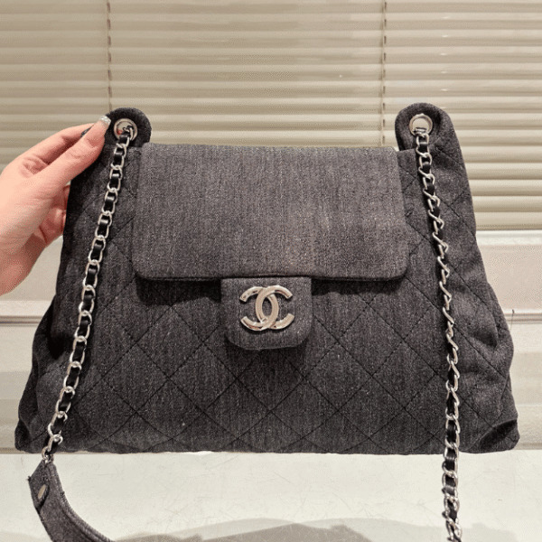 Chanel Quilted Denim Flap Bag Grey 11.8 Inches