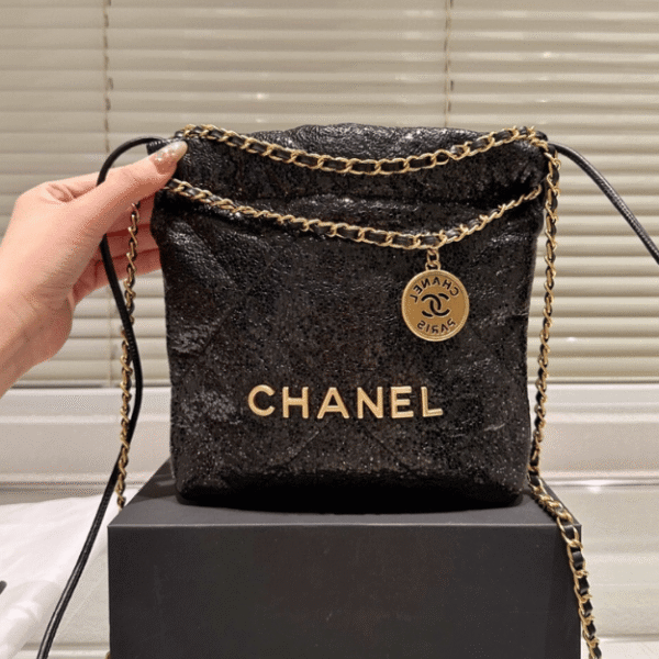Chanel 22 Sequined Coin Bucket Bag Black 6.7 Inches