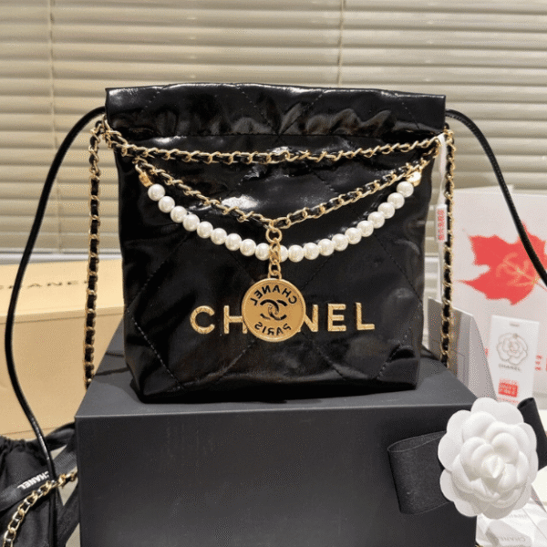 Chanel 22 Mini Drawstring Bucket Bag Black Pearl 7.9 Inches