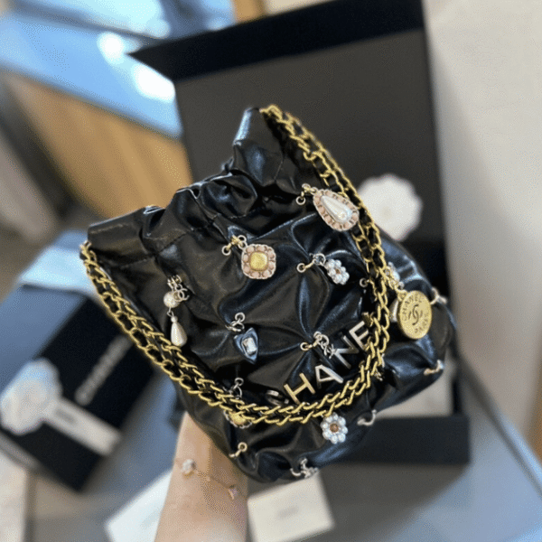 1-267 Chanel 22 Mini Drawstring Bucket Bag Black 7.9 Inches