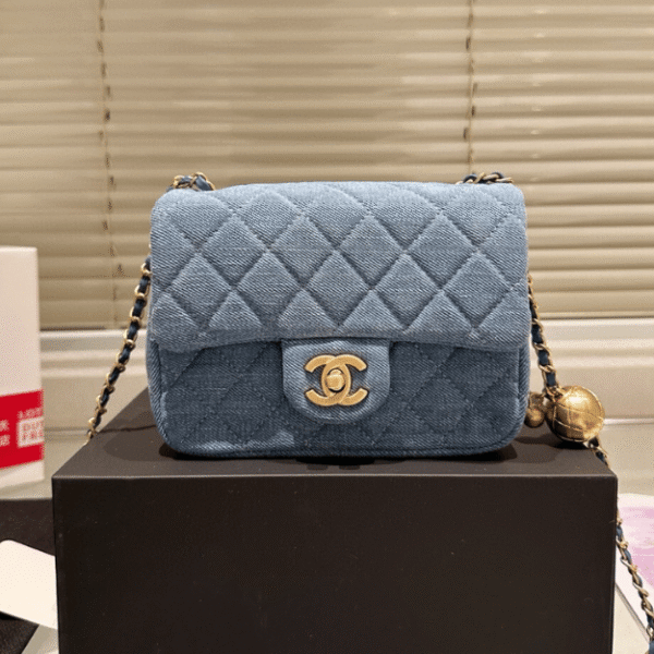 1-272 Chanel Denim Gold Ball Square Flap Bag Blue 7.1 Inches