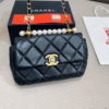 Chanel Flap Pearl Chain Shoulder Bag Black 8.7 Inches