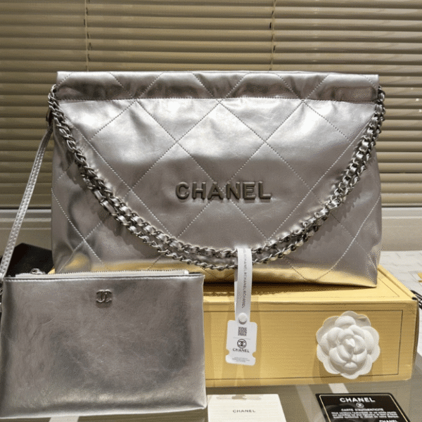 Chanel 22 Handbag Silver Metallic 13.8 Inches