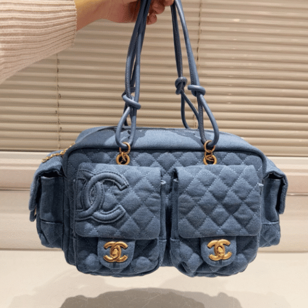 Chanel Bowling Denim Multi-Pocket Blue Denim 11.8 Inches