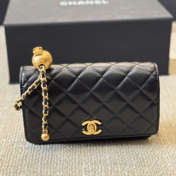 Chanel Flap Bag Woc (Wallet On Chain) With Gold Ball Charm Black 7.5 Inches