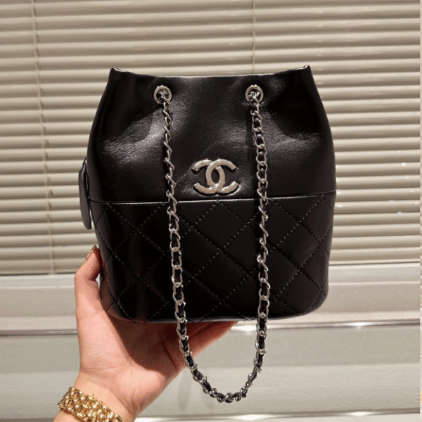 Chanel Drawstring Bucket Bag Black 7.9 Inches