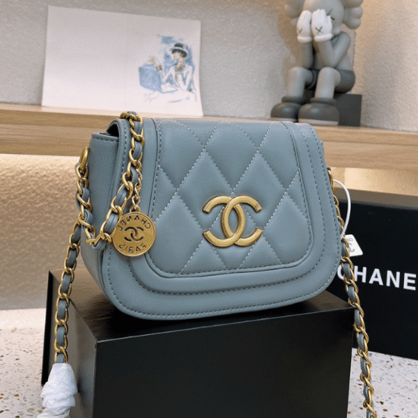 Chanel Coin Charm Flap Bag Blue 7.9 Inches