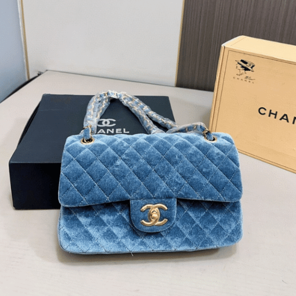 Chanel Velvet Classic Flap Bag Blue 9.8 Inches