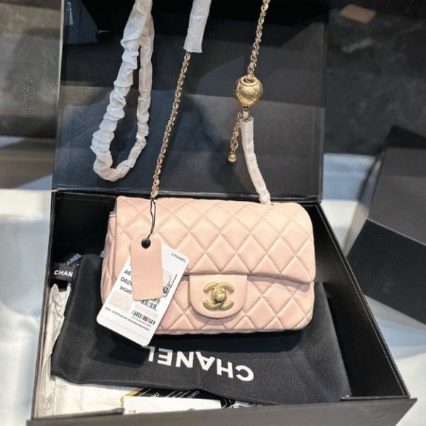 1-323 Chanel Mini Square Flap Bag With Gold Ball Light Pink 7.9 Inches