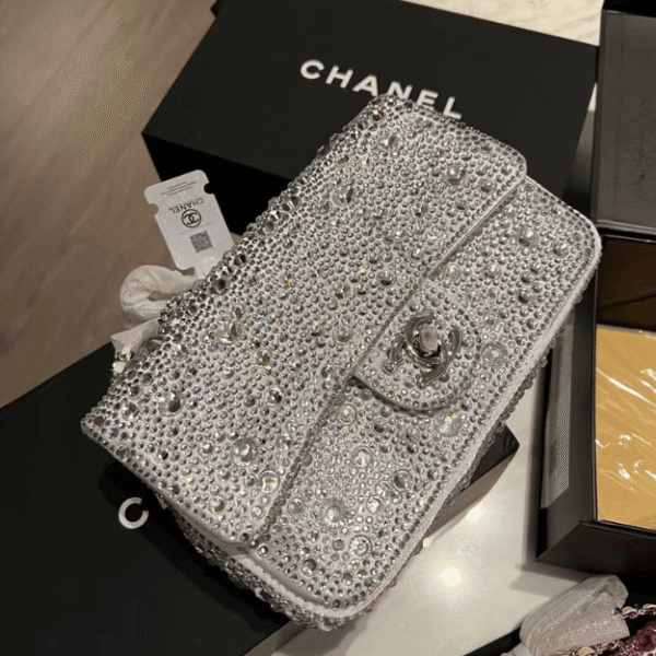 Chanel Classic Flap Bag Full Embellished Silver 7.9 Inches
