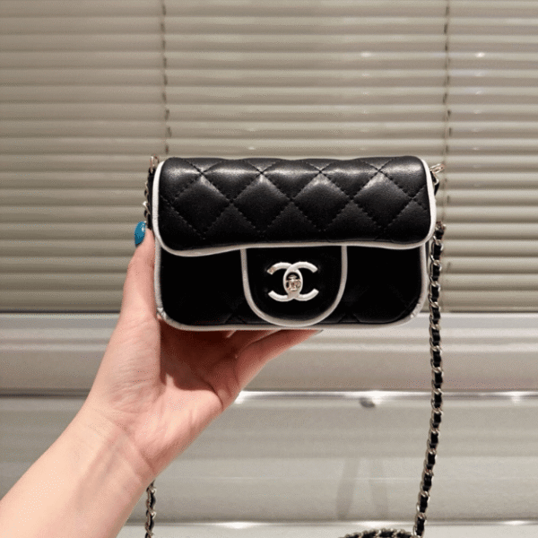 Chanel Flap Bag Black With White Piping 7.1 Inches