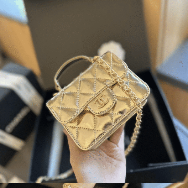 Chanel Mini Top Handle Flap Bag Gold Metallic 5.1 Inches