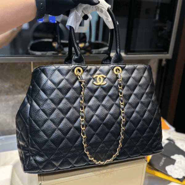 Chanel Quilted Tote Bag Black Gold Chain 15.4 Inches