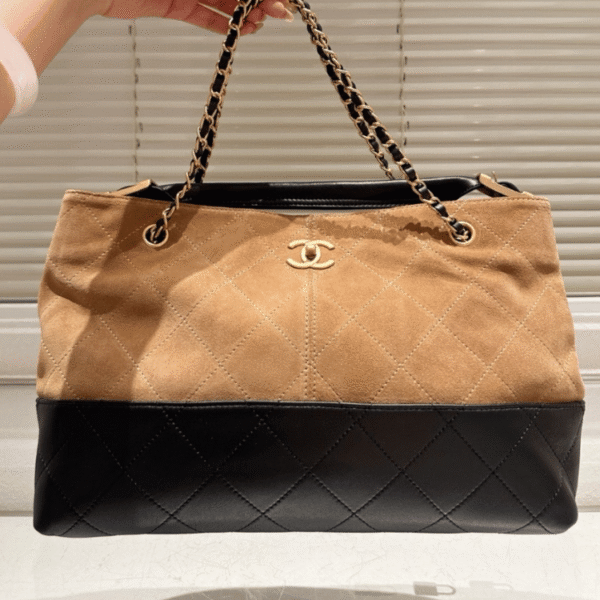 Chanel Shopping Bag Shiny And Gold Tone Metal Beige Black 14.2 Inches AS5657 B20827 U1536