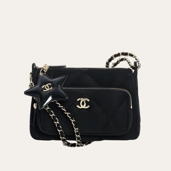 1-44 Chanel Clutch With Chain Velvet Effect Nylon And Gold Tone Metal Black 8.3 Inches Ap4771 B21406 94305