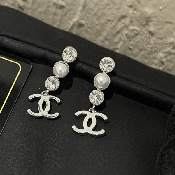 Chanel Cc Logo Drop Earrings With Pearls And Rhinestones Silver-Tone