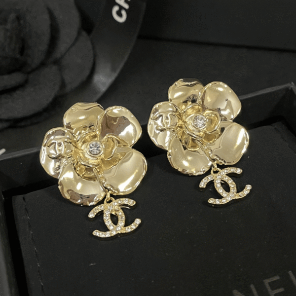 Chanel Camellia Flower Drop Earrings With Cc Logo Gold-Tone