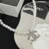 Chanel Pearl Choker Necklace With Rhinestone Cc Pendant Silver-Tone
