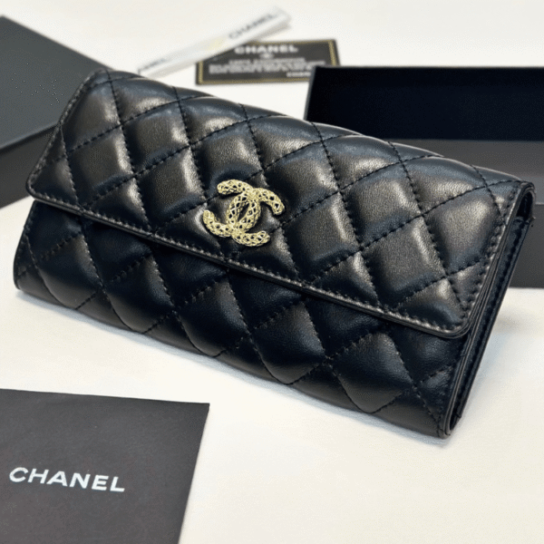 Chanel Quilted Long Flap Wallet Black 7.7 Inches