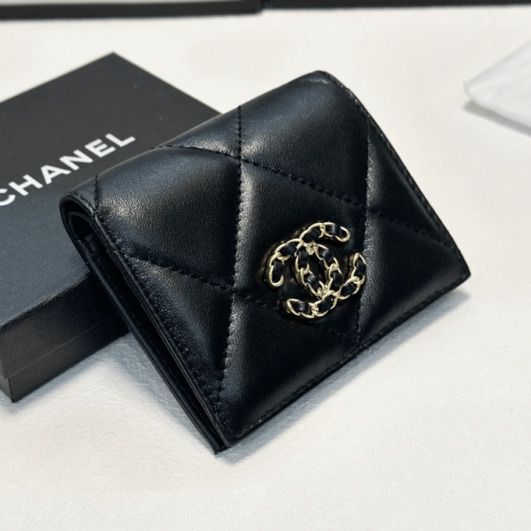 Chanel 19 Tri-Fold Wallet Black Gold/Chain Hardware 4.3 Inches