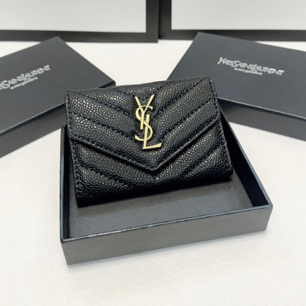 Saint Laurent Envelope Tri-Fold Wallet Black Grain De Poudre 3.5 Inches
