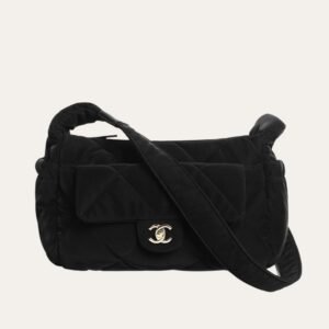 Chanel Large Bowling Bag Velvet Effect Nylon Gold Tone Black 10.6 Inches AS5054 B21379 94305
