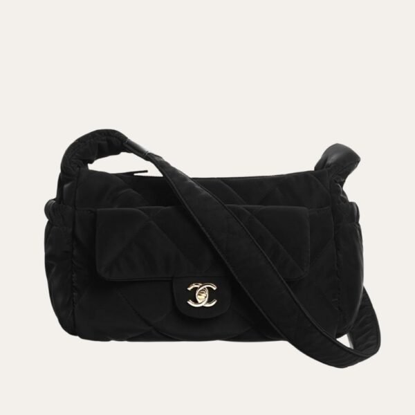 1-54 Chanel Large Bowling Bag Velvet Effect Nylon Gold Tone Black 10.6 Inches AS5054 B21379 94305