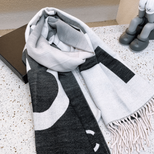 Chanel No. 5 Logo Cashmere Wool Scarf Black/White 70.8 Inches