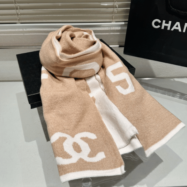 1-544.png Chanel No. 5 Logo Cashmere/Wool Scarf Beige/White 70.8 Inches