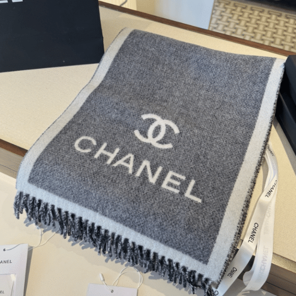 Chanel Logo Cashmere Scarf Grey/White 74.8 Inches