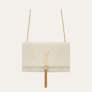 Saint Laurent Kate Medium Tassel In Crocodile White 9.4 Inches