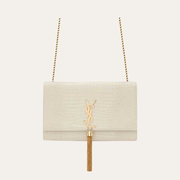 Saint Laurent Kate Medium Tassel In Crocodile White 9.4 Inches