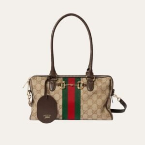 Gucci Borsetto Medium Boston Bag GG Canvas Sand And Brown 11 Inches 866732 FAFV9 9653