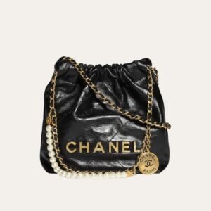 Chanel 22 Mini Handbag Shiny Crystal Pearls Gold Tone Metal Black 7.8 Inches As3980 B10672 94305