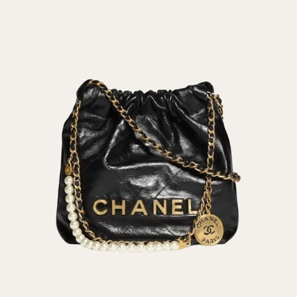 1-85 Chanel 22 Mini Handbag Shiny Crystal Pearls Gold Tone Metal Black 7.8 Inches As3980 B10672 94305