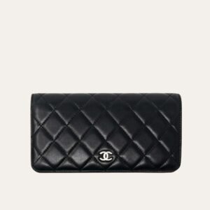 Chanel Quilted Classic Long Flap Wallet With Silver Hardware Black 7.6 Inches