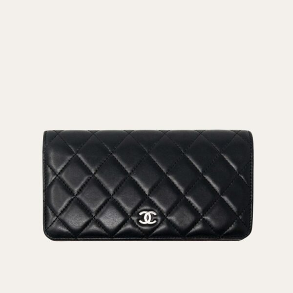 Chanel Quilted Classic Long Flap Wallet With Silver Hardware Black 7.6 Inches