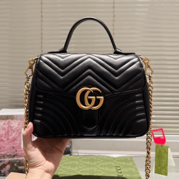 Gucci Gg Marmont Top Handle Chain Shoulder Bag Black 10.6 Inches