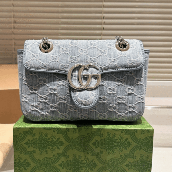 Gucci Gg Marmont Denim Chain Shoulder Bag Blue 8.7 Inches
