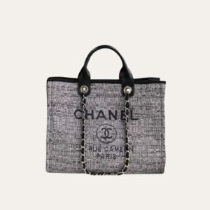 Chanel Deauville Tote Raffia Canvas Bag Black 14.9 Inches