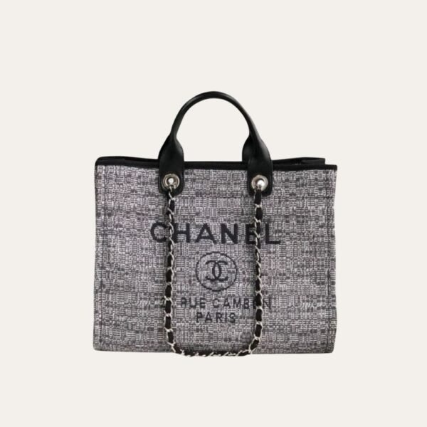 Chanel Deauville Tote Raffia Canvas Bag Black 14.9 Inches