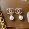 Chanel Cc Logo Drop Earrings With Pearls Gold-Tone