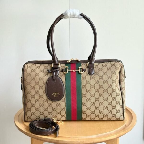 Gucci Borsetto Large Boston Bag GG Canvas Sand And Brown 15.2 Inches 866734 FAFV9 9653