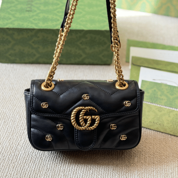 Gucci Gg Marmont Studded Matelessé Shoulder Bag Black 8.7 Inches
